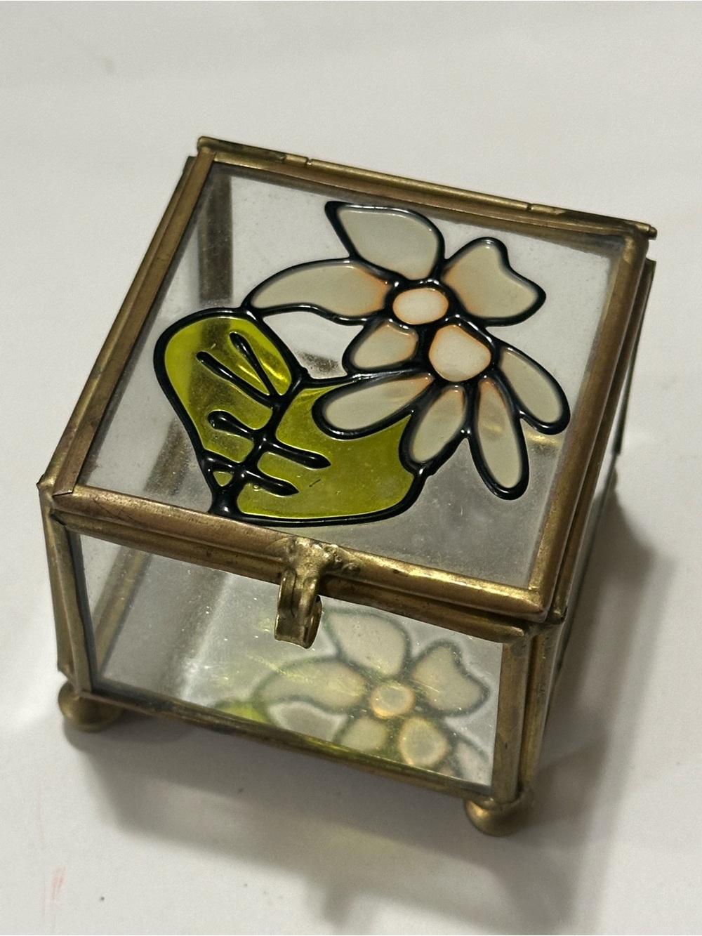 Glass Floral Trinket Box in Green and Cream